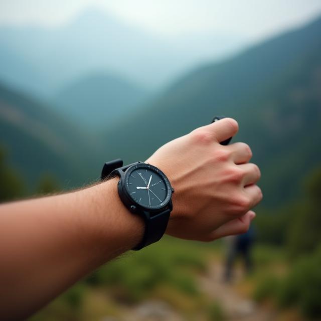 Hiker checking altitude on watch