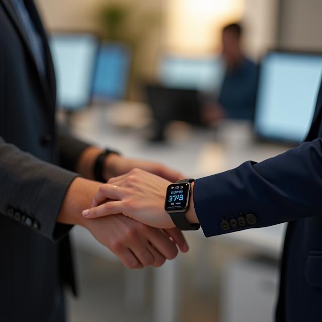 Team using smartwatch for stand-up timer
